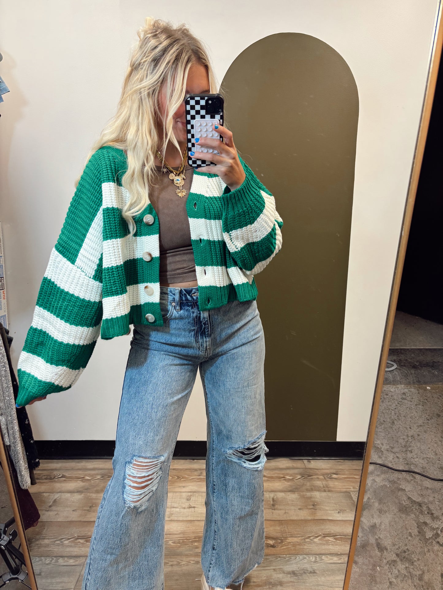 Crowd Pleaser Stripe Cardy (Green)
