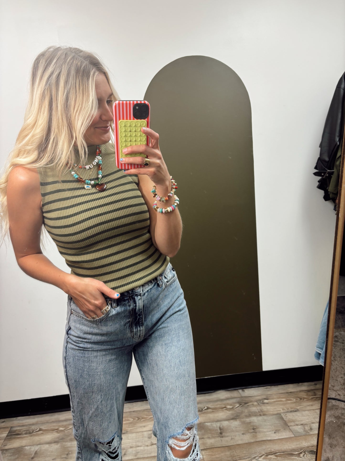 Dorothy Mock Neck Stripe Top (Olive)