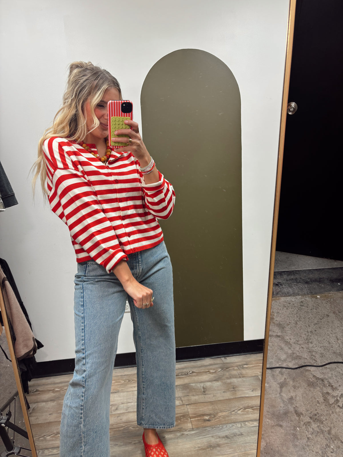 Clare Button Stripe Cardigan (Red)