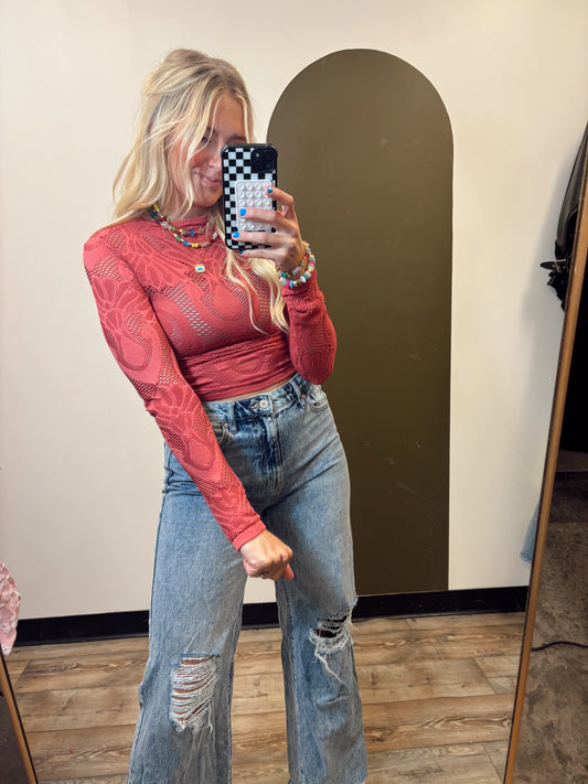 Jaquard Fishnet Top (Crimson)
