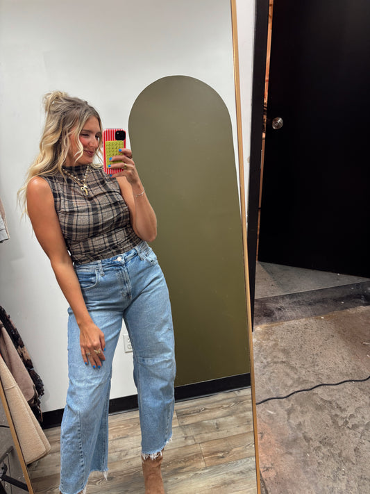 Sheer Slvless Plaid Tank