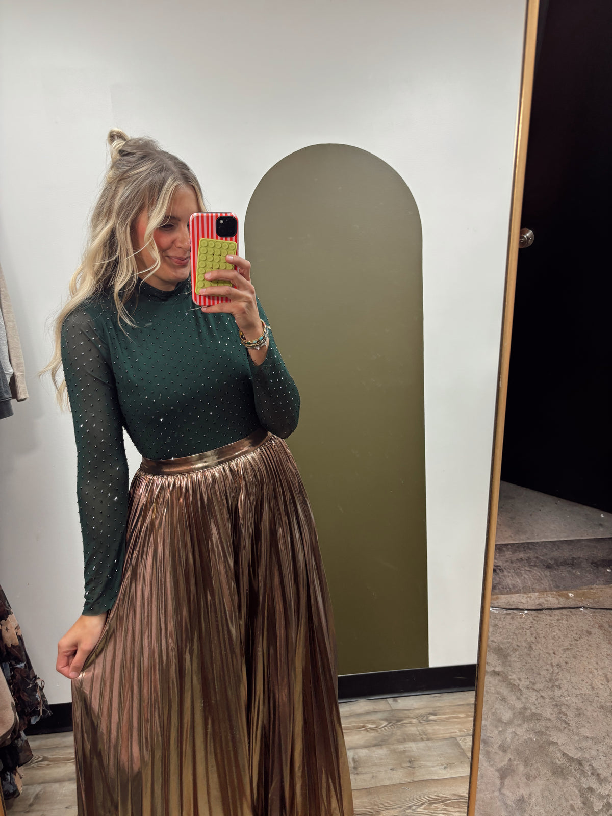 Mila Embellished Mock Neck Top (Forest)