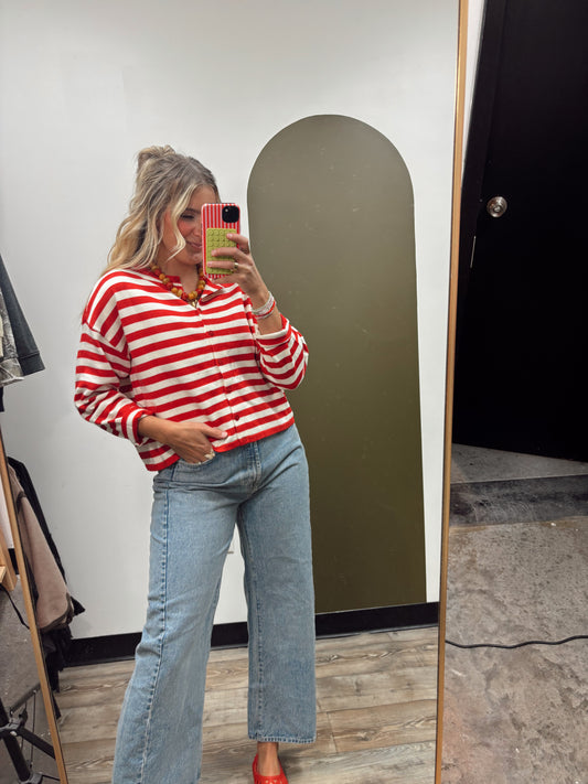 Clare Button Stripe Cardigan (Red)