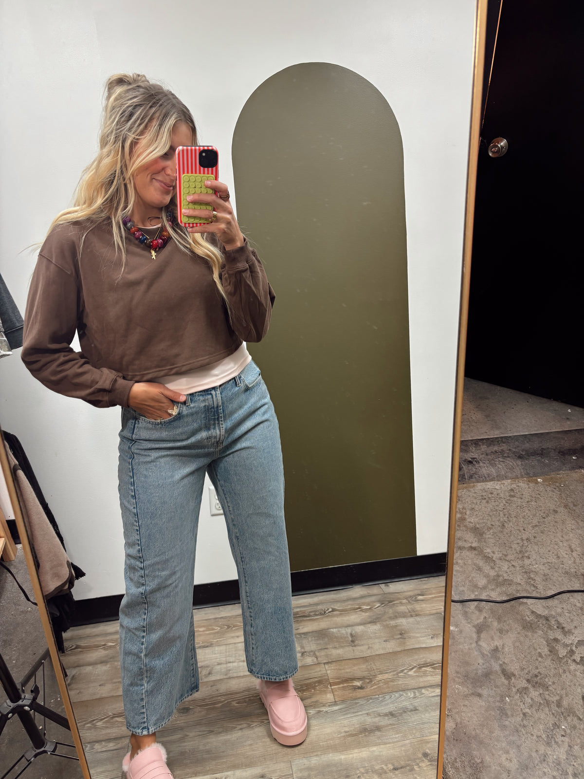 Nova Layered Crop Sweatshirt (Brown/Pink)