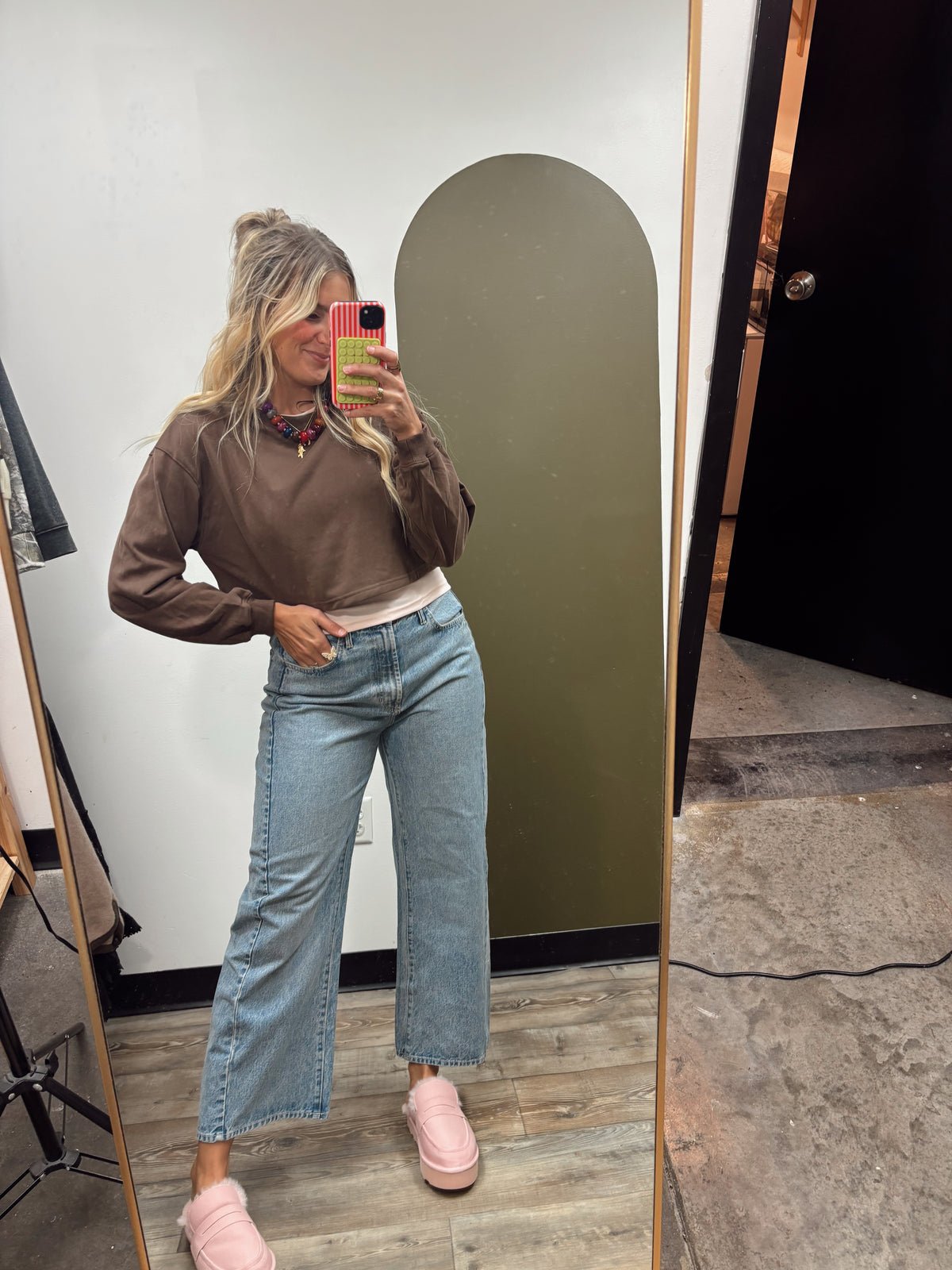 Nova Layered Crop Sweatshirt (Brown/Pink)
