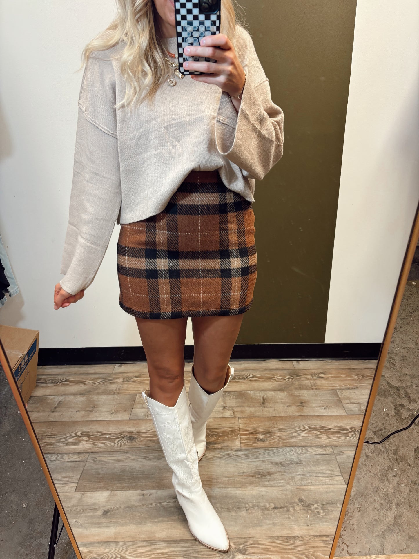 Aurora Plaid Mini Skirt (Camel)