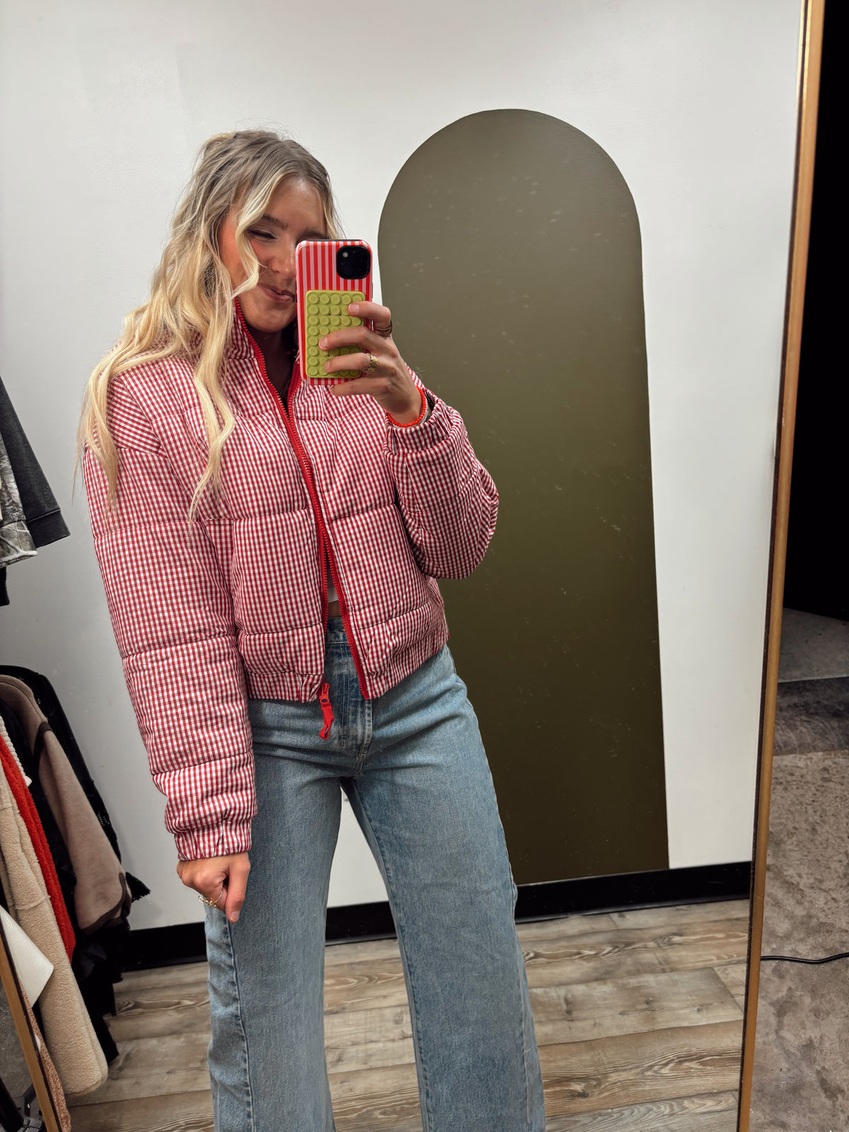 Gingham Puffer Jacket (Red)