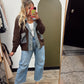 Mix Media Cable Knit Jacket (Brown)