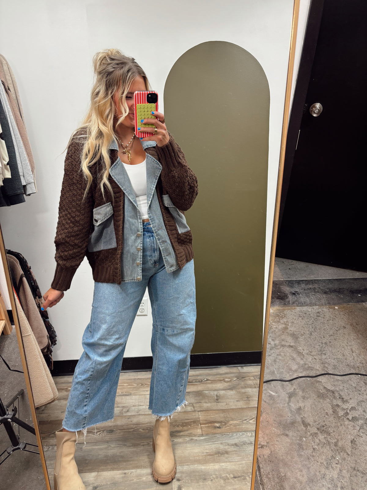 Mix Media Cable Knit Jacket (Brown)