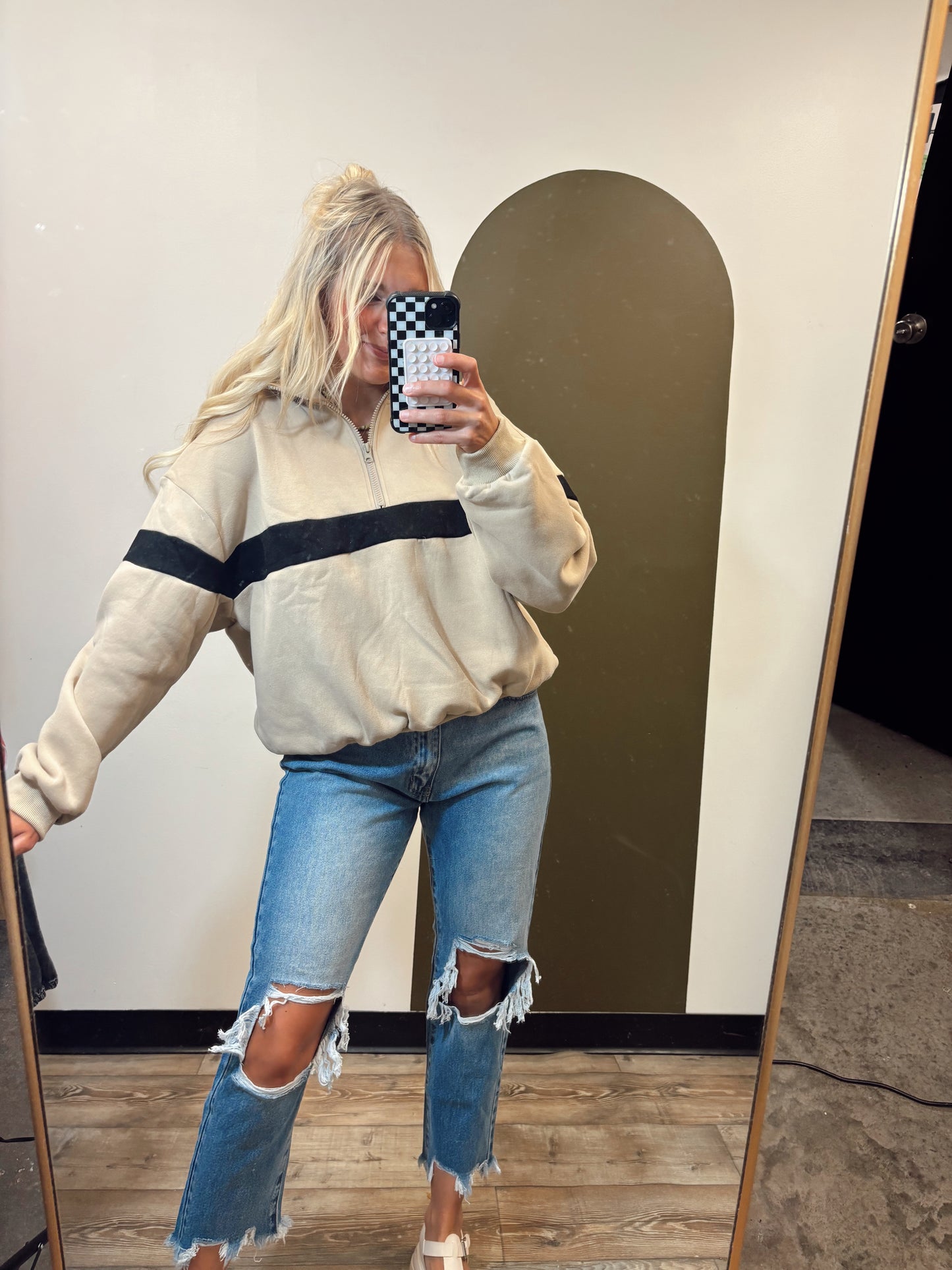 Undergrad Stripe Sweat Top (Taupe/Black)