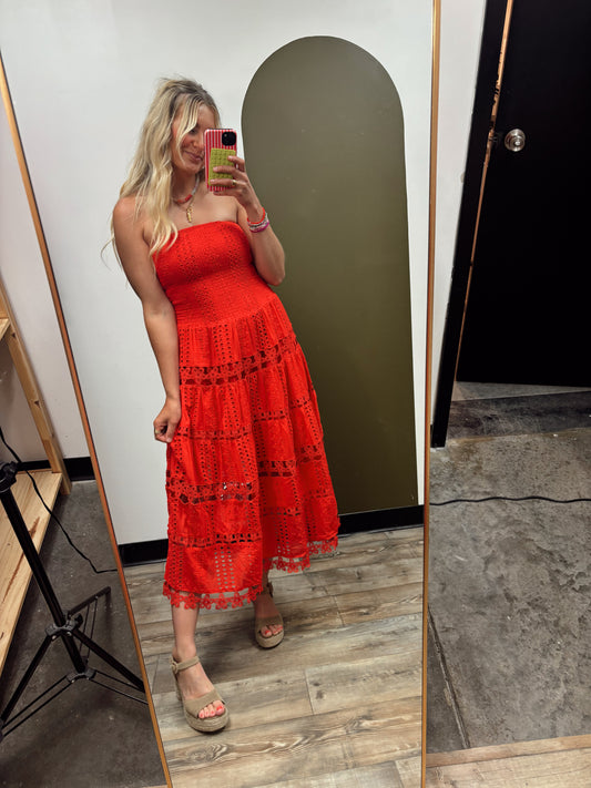 Vineyard Eyelet Dress (Red)