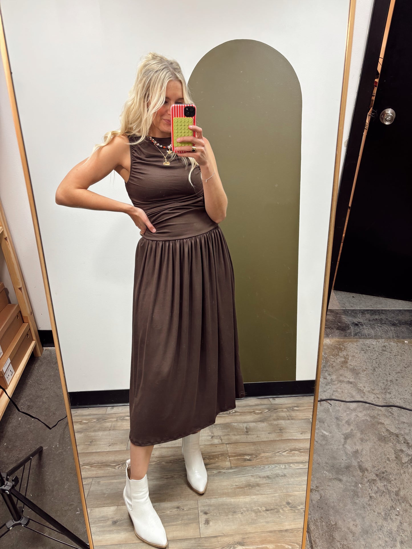 Isabella Shirred Maxi Dress (Brown)