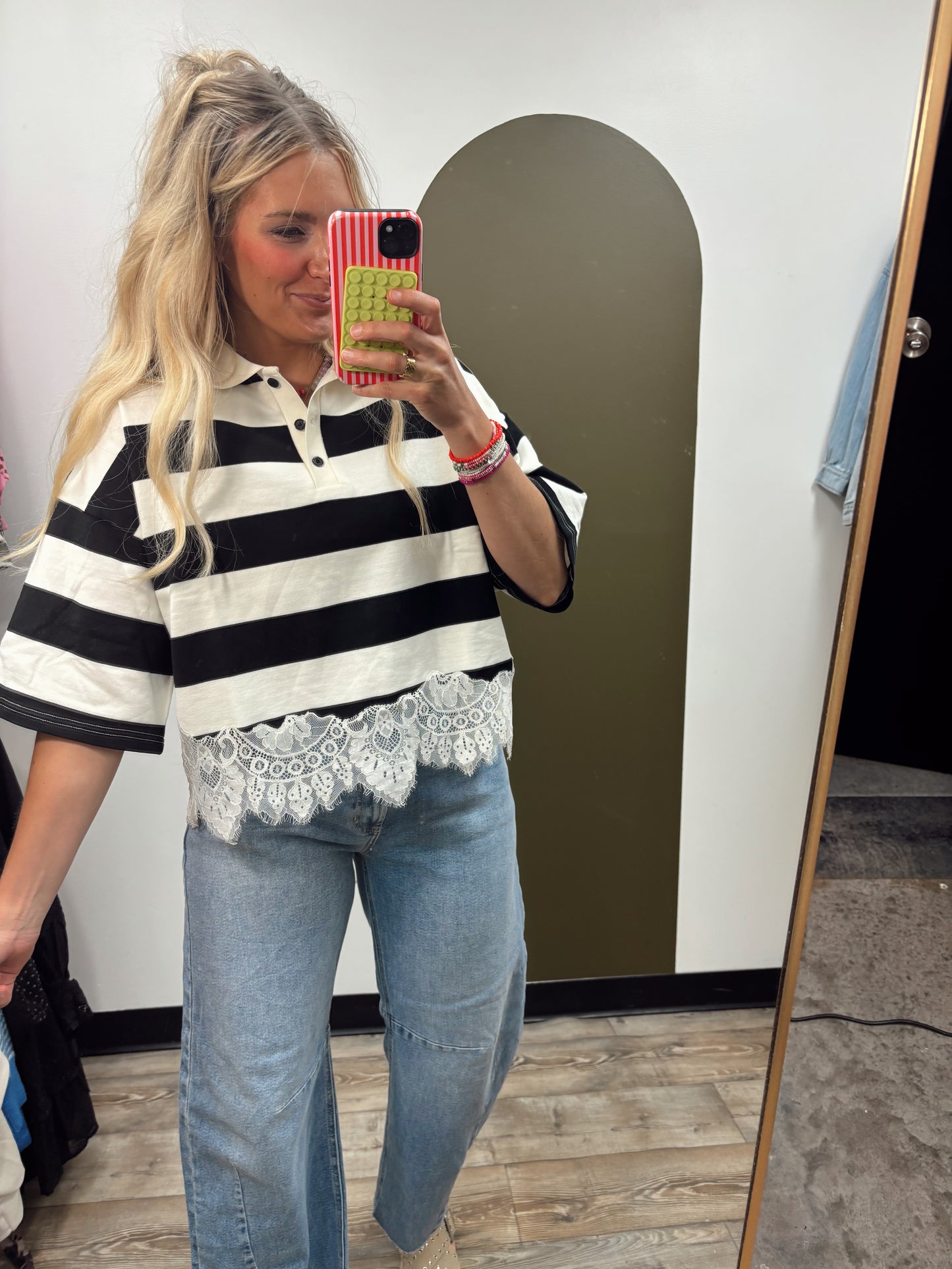 Polo Match Stripe Lace Top