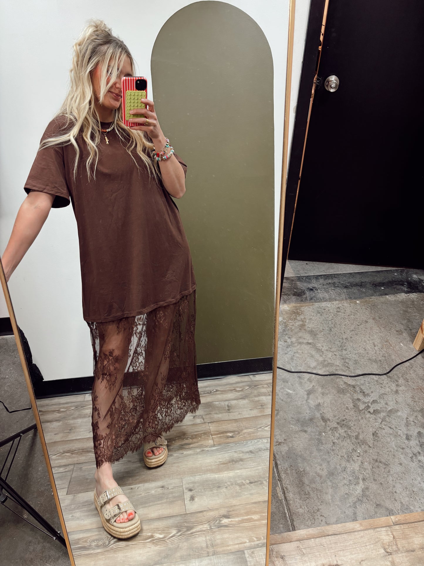 Lace Patchwork Maxi Dress (Brown)