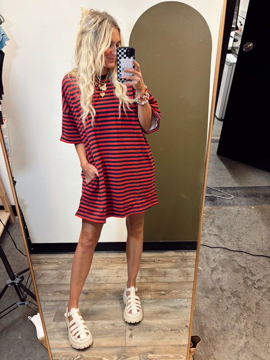 Cynthia Stripe Shirt Dress (Red)
