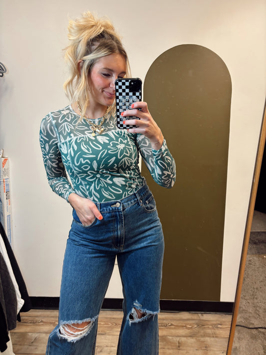 Abstract Floral Sheer Top (Green)