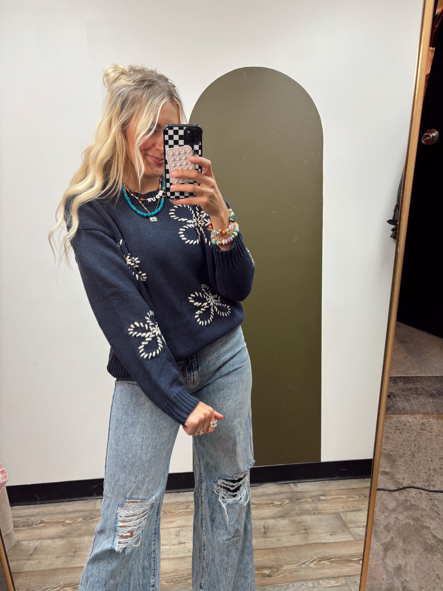 Adaline Flower Stitch Sweater (Navy)