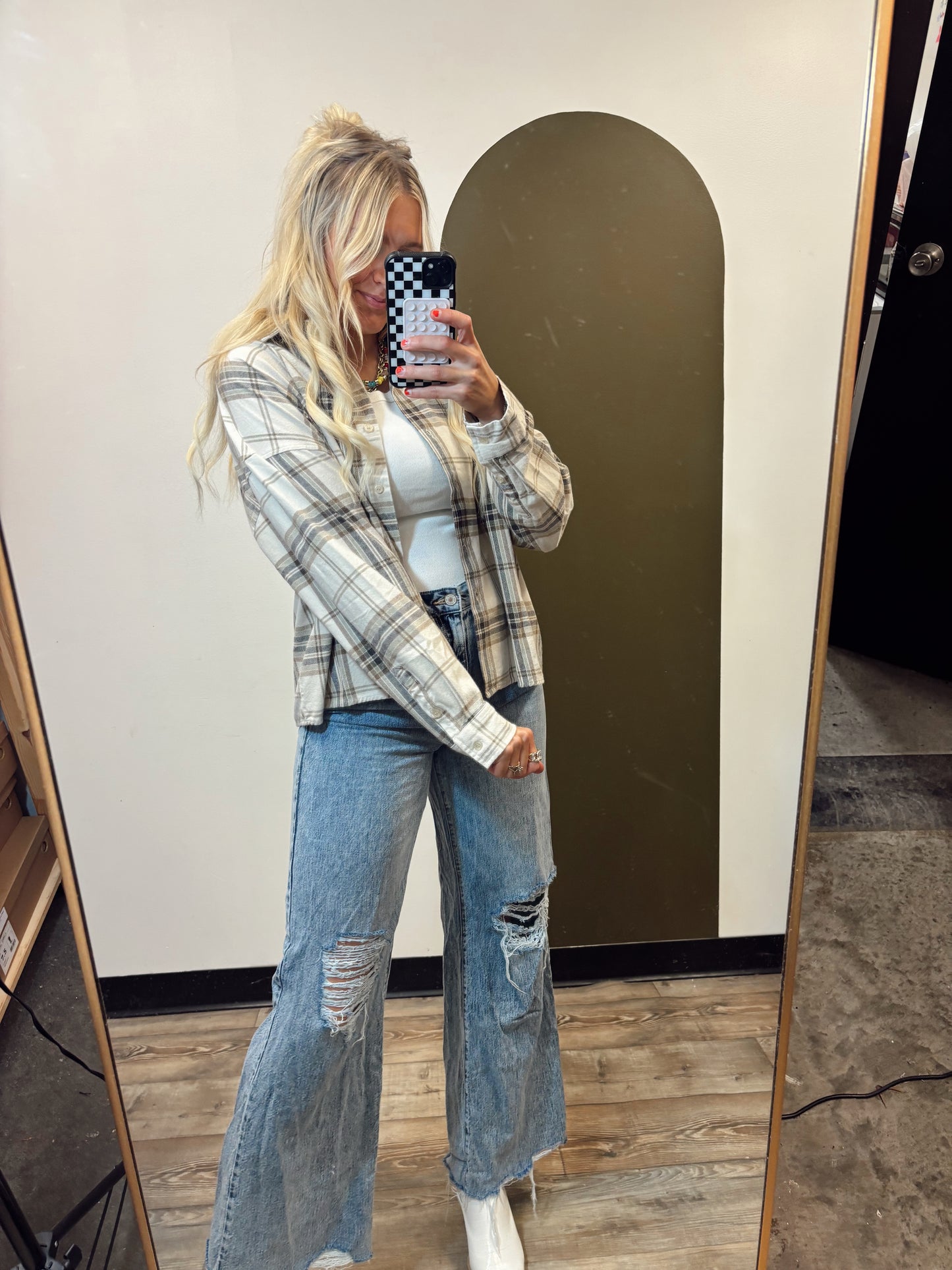 Box Car Plaid Top (Khaki)