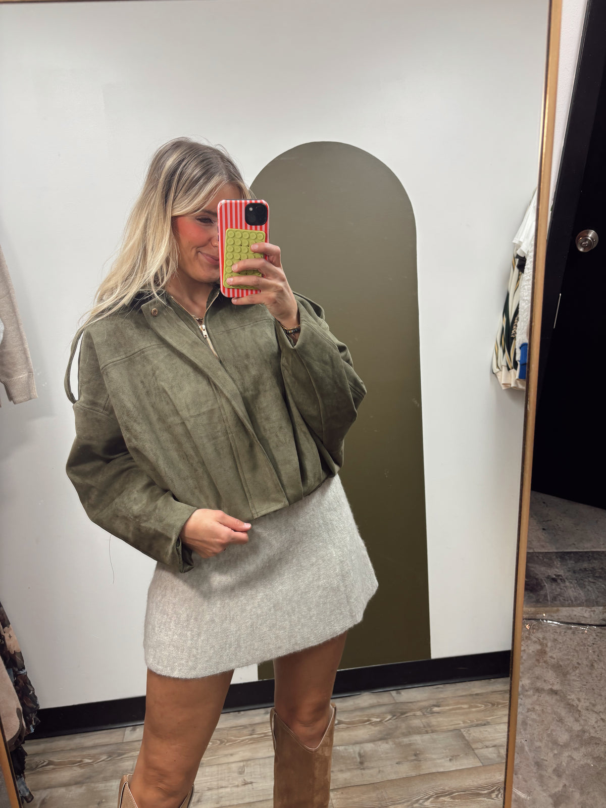 Kira Suede Bomber Jacket (Olive)