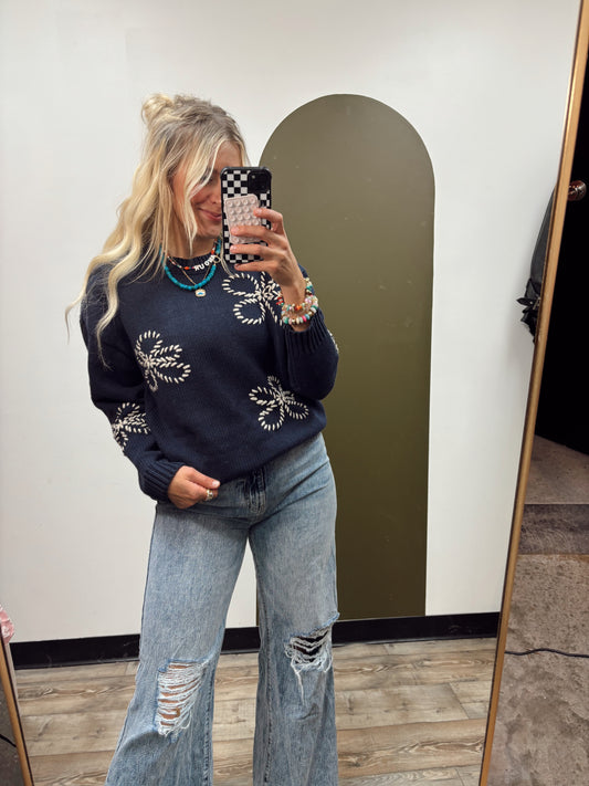 Adaline Flower Stitch Sweater (Navy)