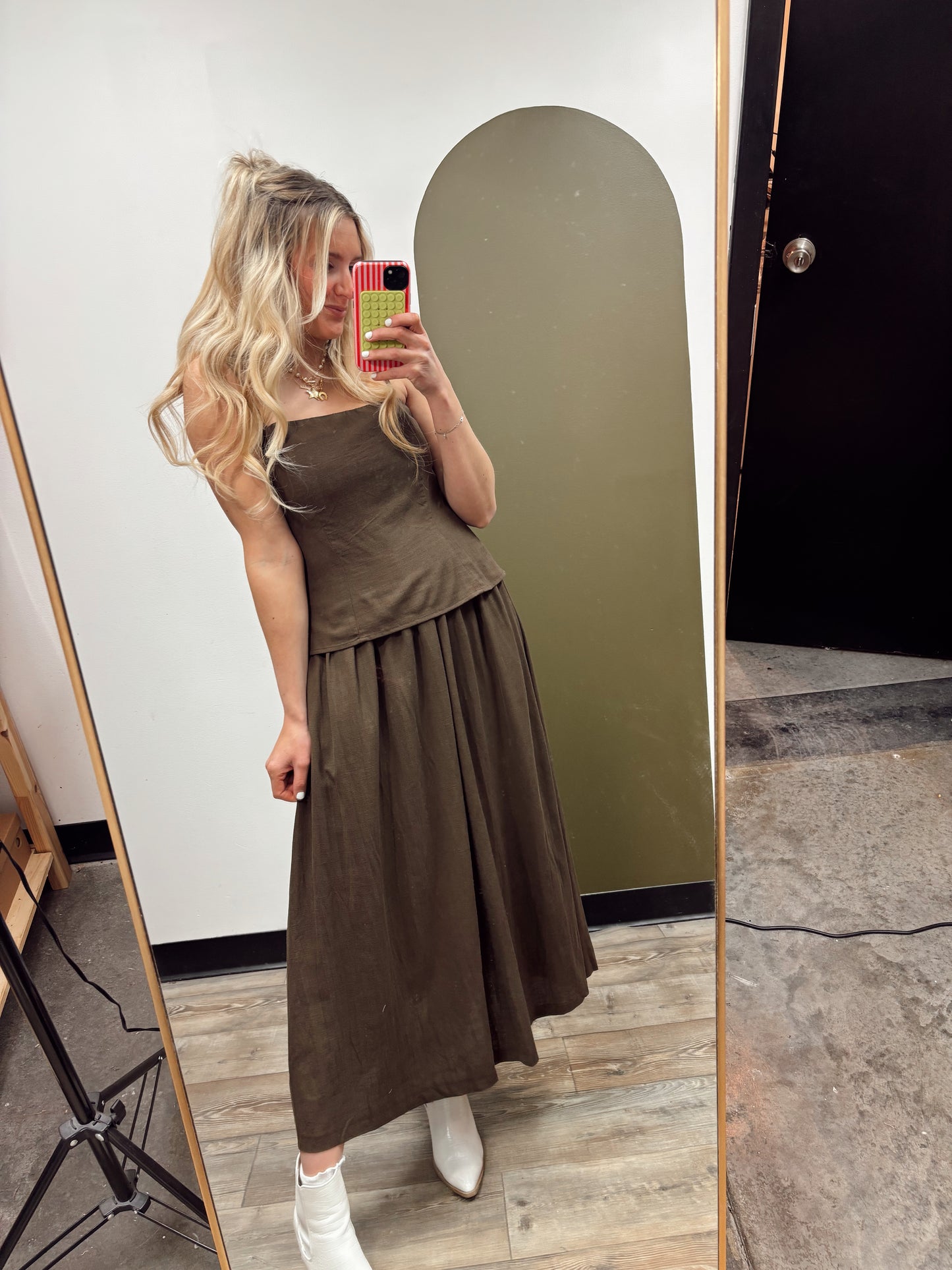 Cami Twofer Midi Dress (Brown)