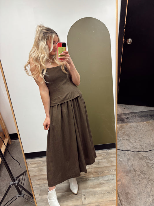 Cami Twofer Midi Dress (Brown)