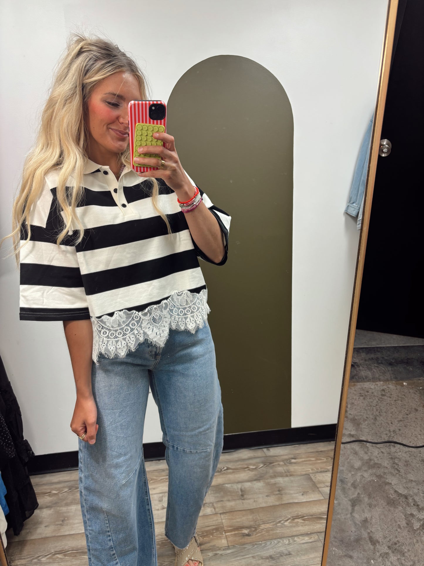 Polo Match Stripe Lace Top