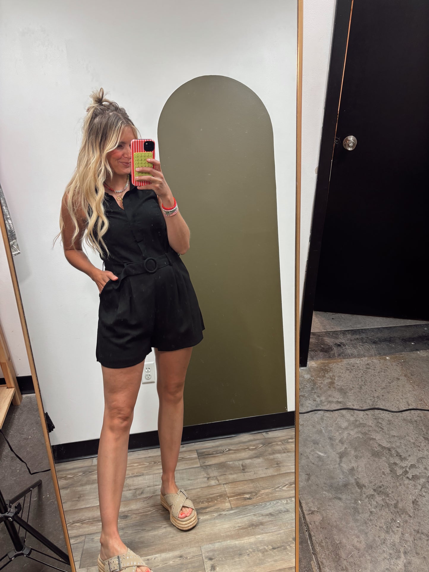 Belted Linen Halter Romper (Black)