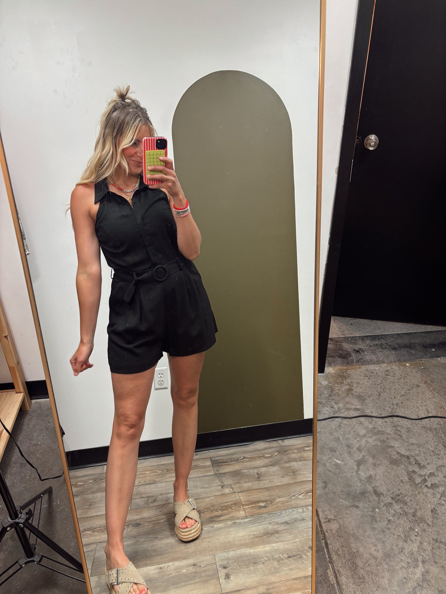 Belted Linen Halter Romper (Black)