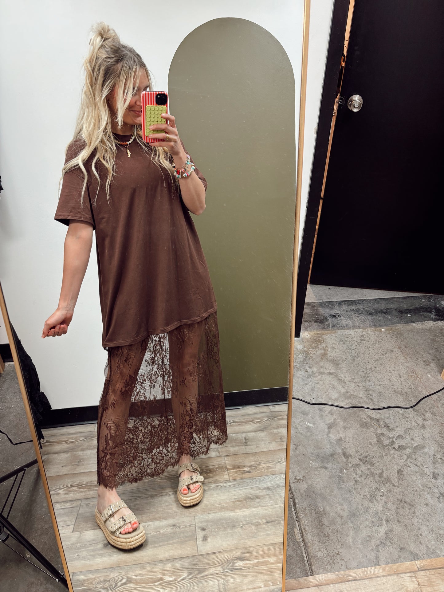 Lace Patchwork Maxi Dress (Brown)