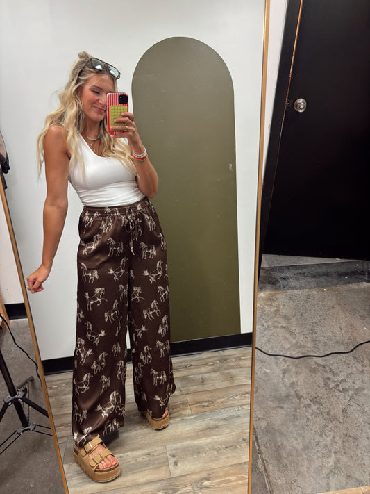 Horse Print Satin Pant (Chocolate)