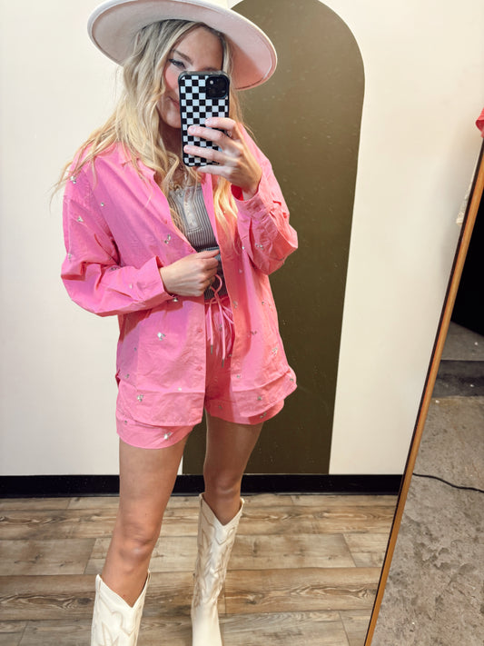 Coral Embellished Short Set