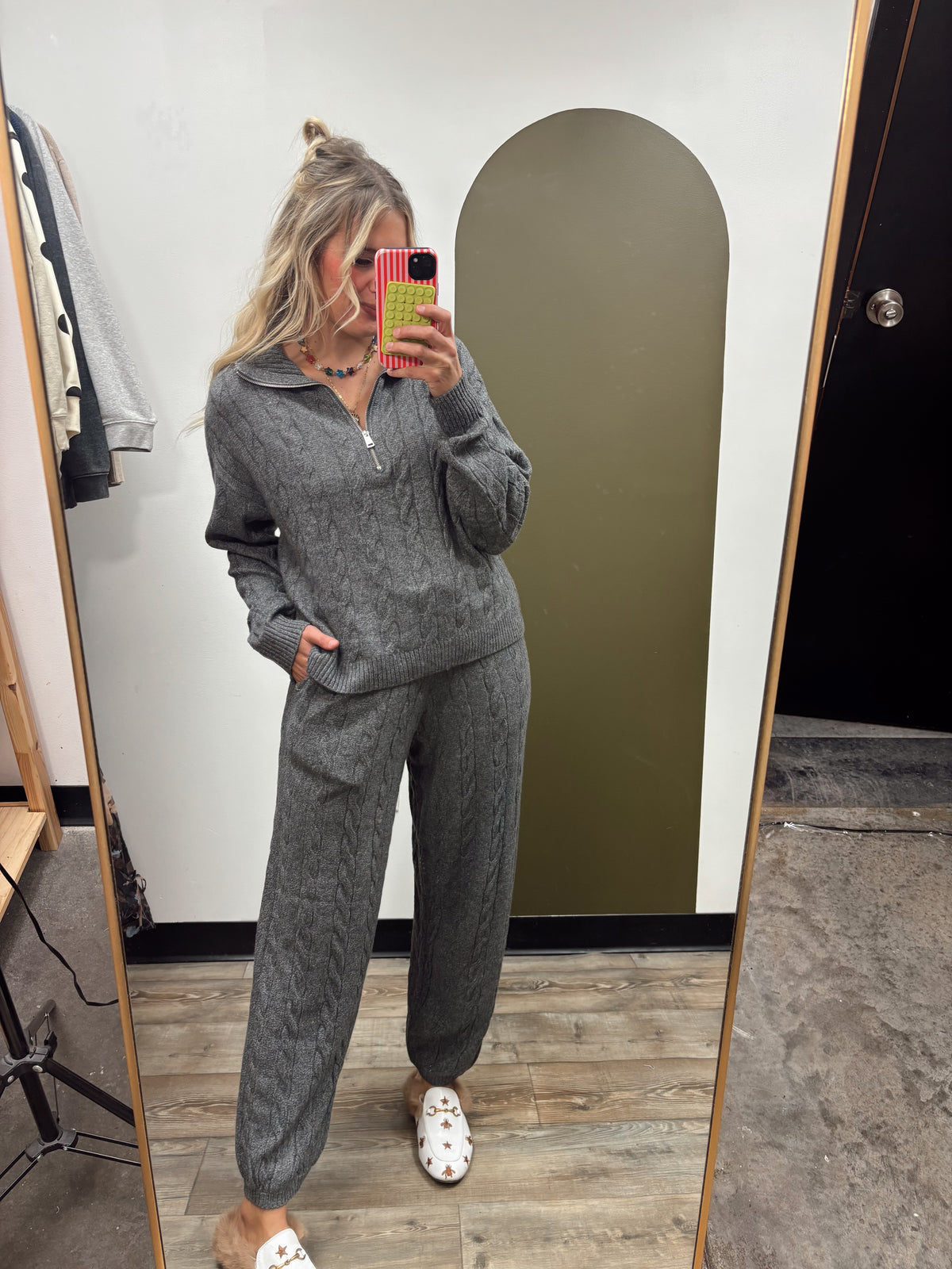 Fallon Cable Knit Zip Sweater (Charcoal)