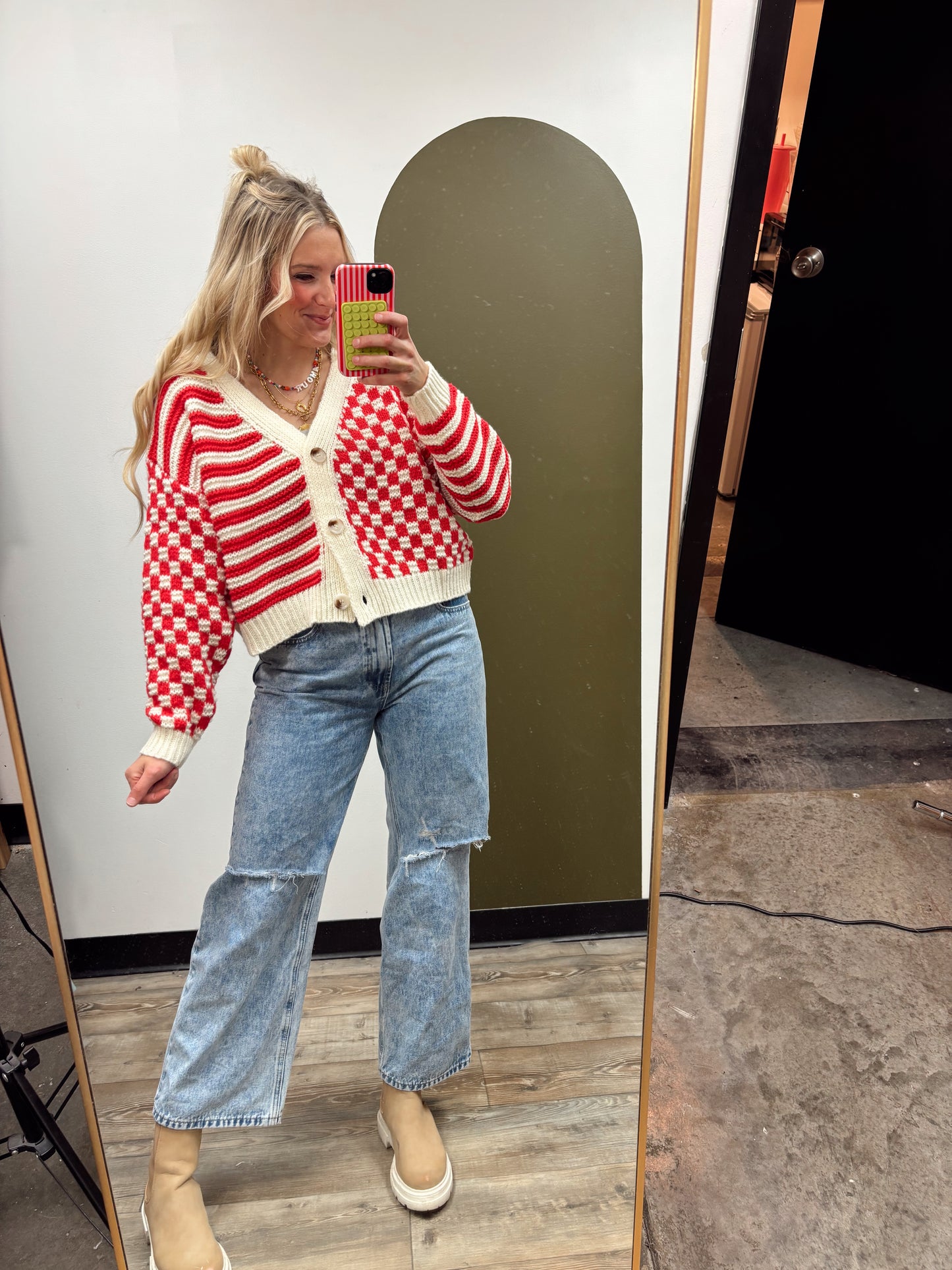 Paris Crop Button Sweater (Red)