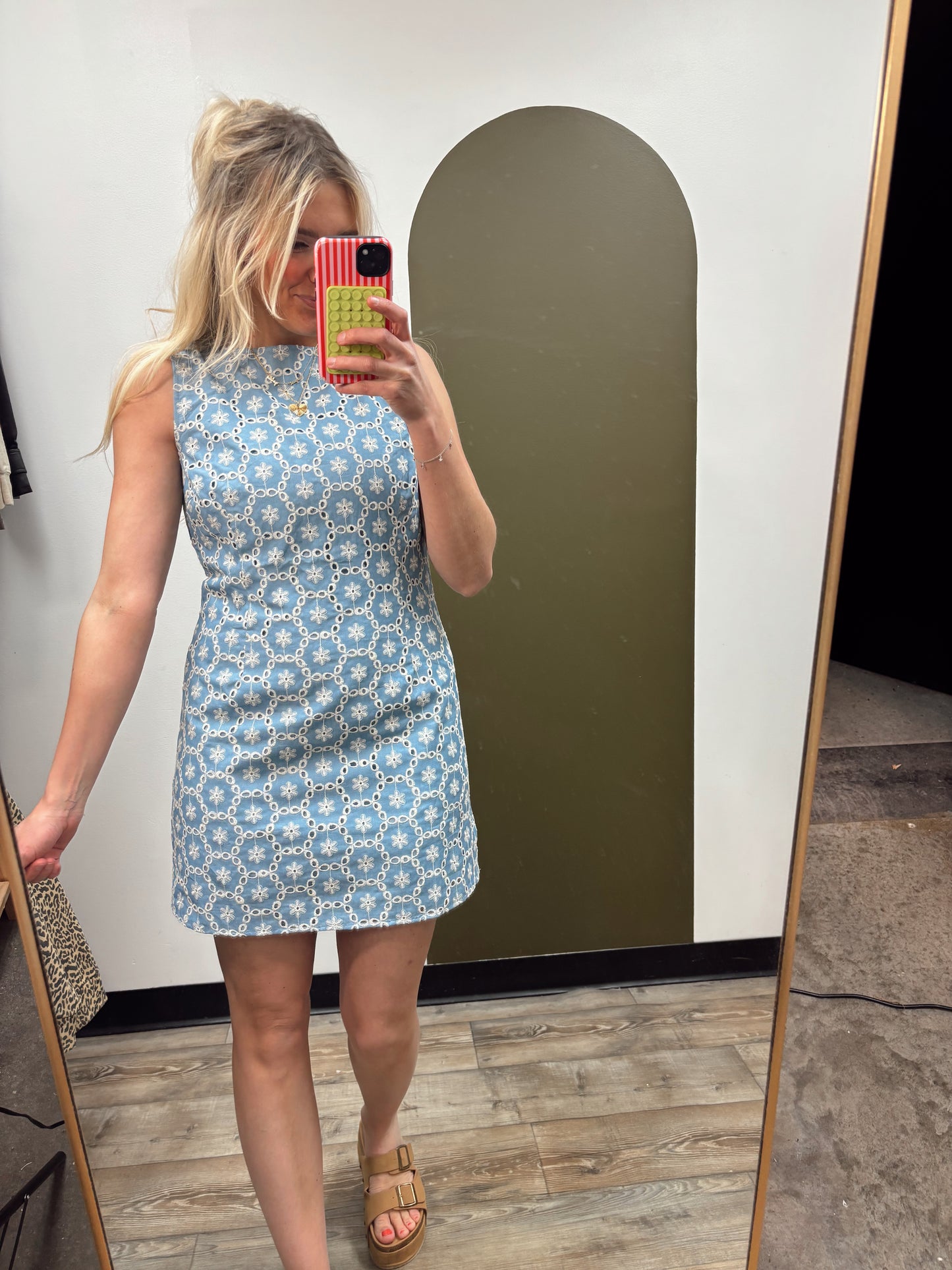 Eyelet Emb Mini Dress (Blue)