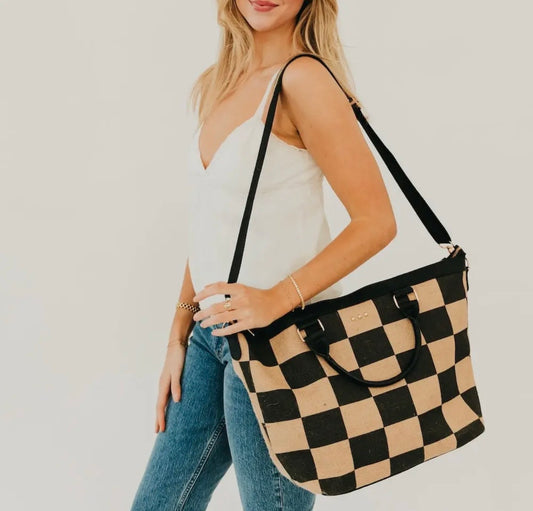 June Jute Tote Bag (Black Check)