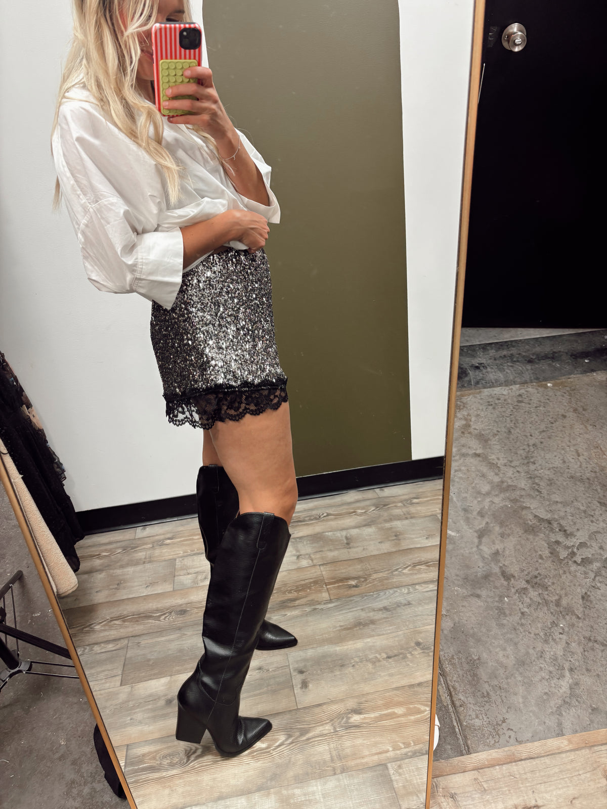 Shimmer Lace Trim Short (Gunmetal)