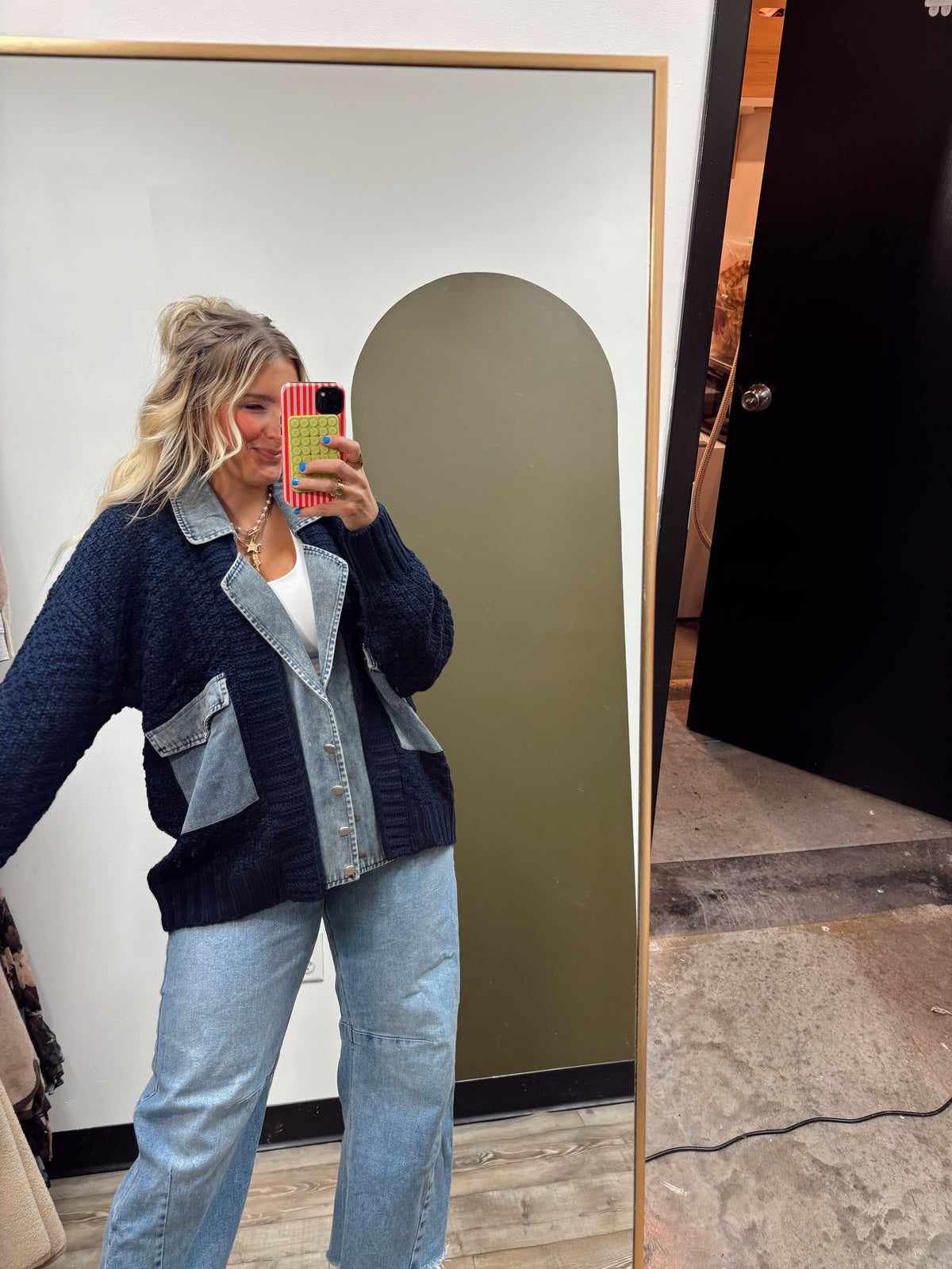 Mix Media Cable Knit Jacket (Navy)