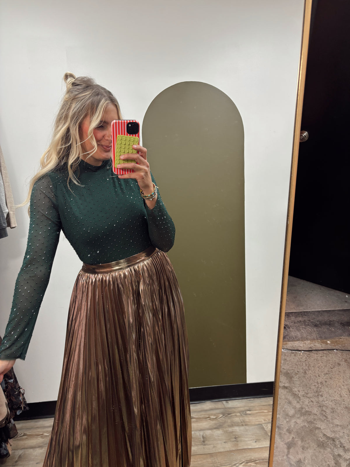 Mila Embellished Mock Neck Top (Forest)