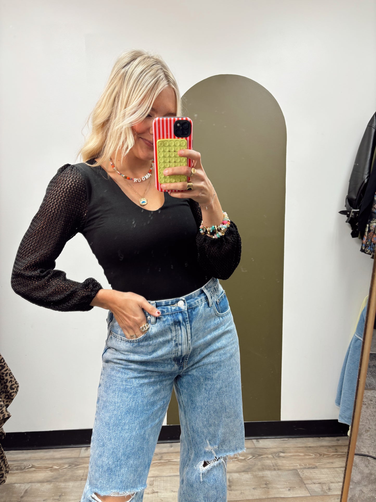 Shiloh Sheer Sleeve Bodysuit (Black)