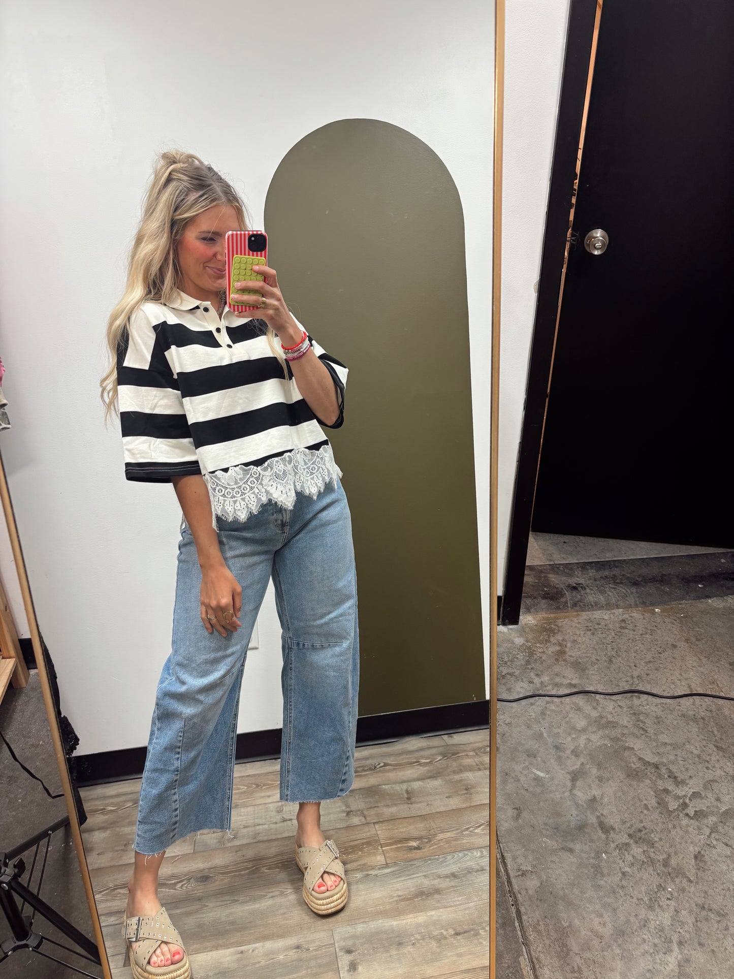 Polo Match Stripe Lace Top