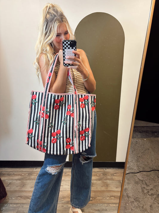 Cherry Tree Quilt Tote (Black Stripe)