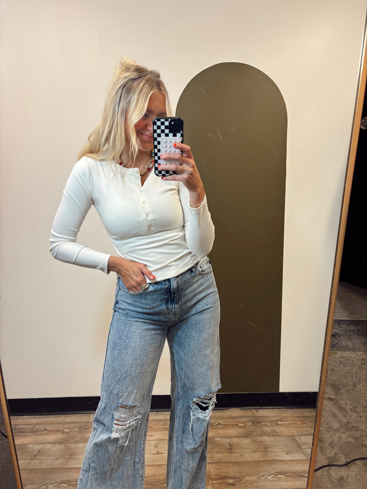 Ribbed Henley Top (Ivory)