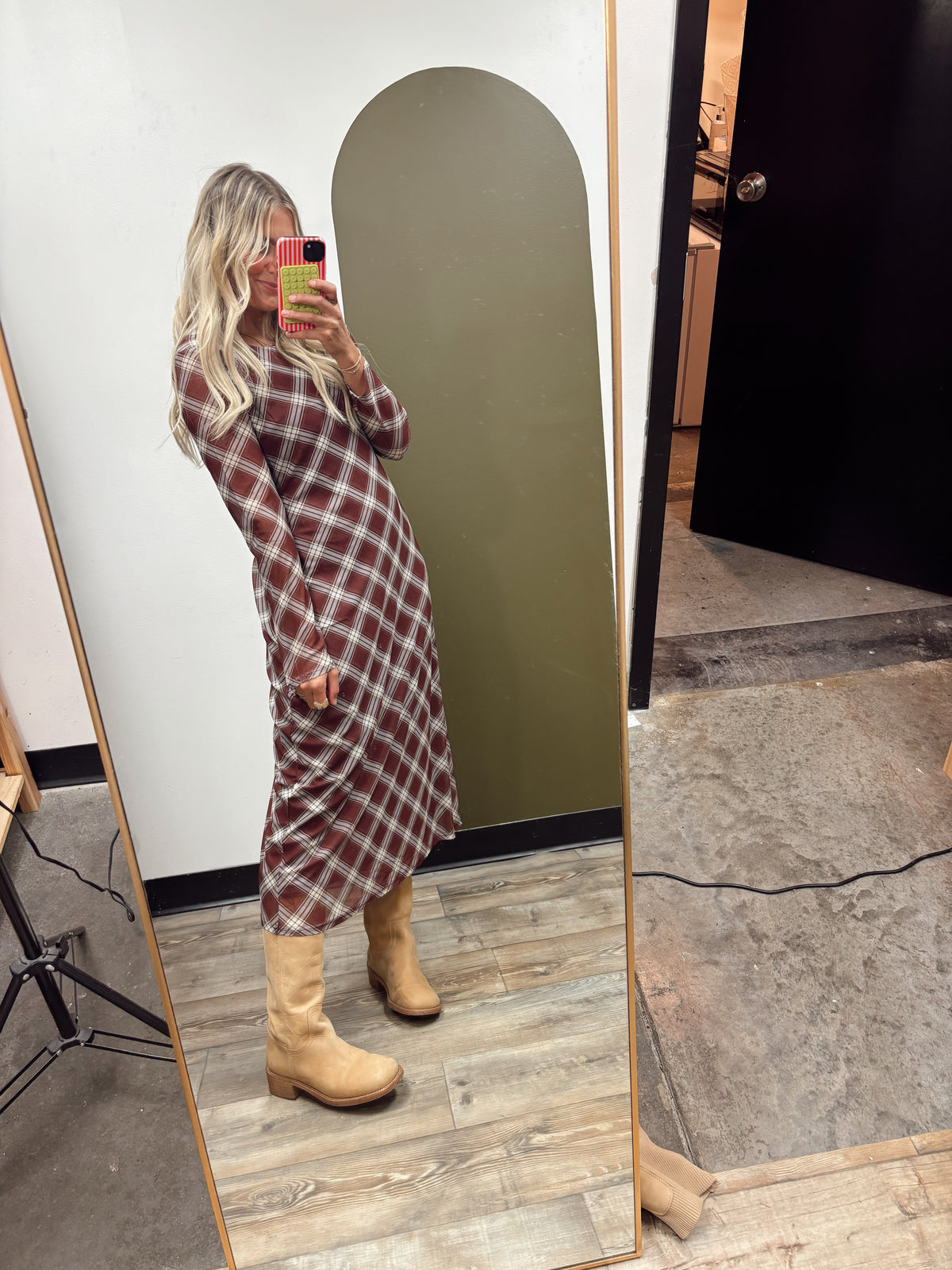 Sheer Plaid Maxi Dress (Rust)