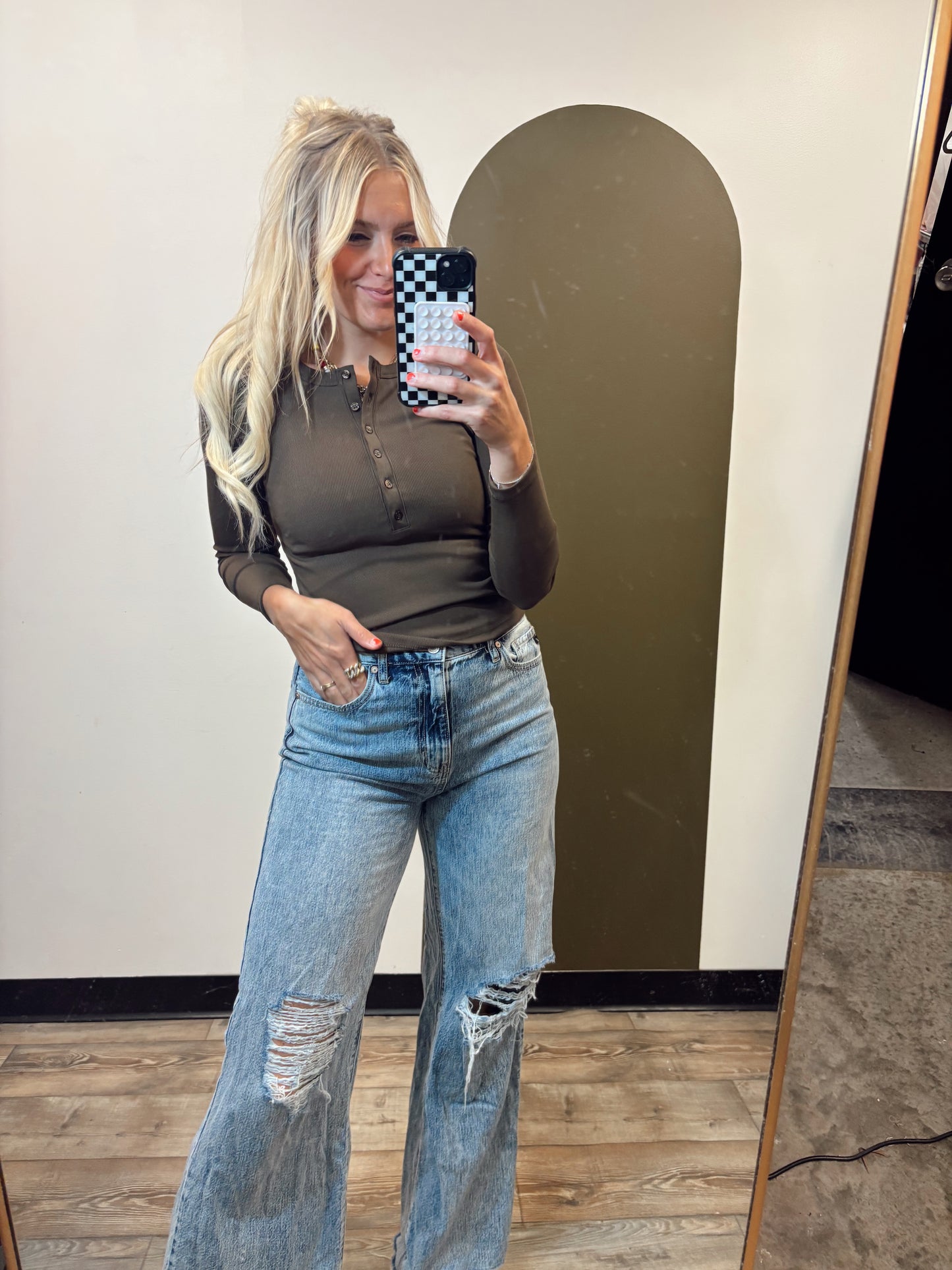 Ribbed Henley Top (Brown)