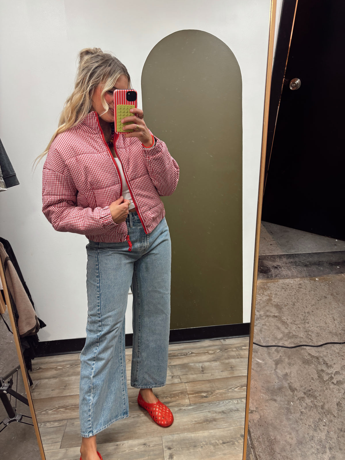 Gingham Puffer Jacket (Red)