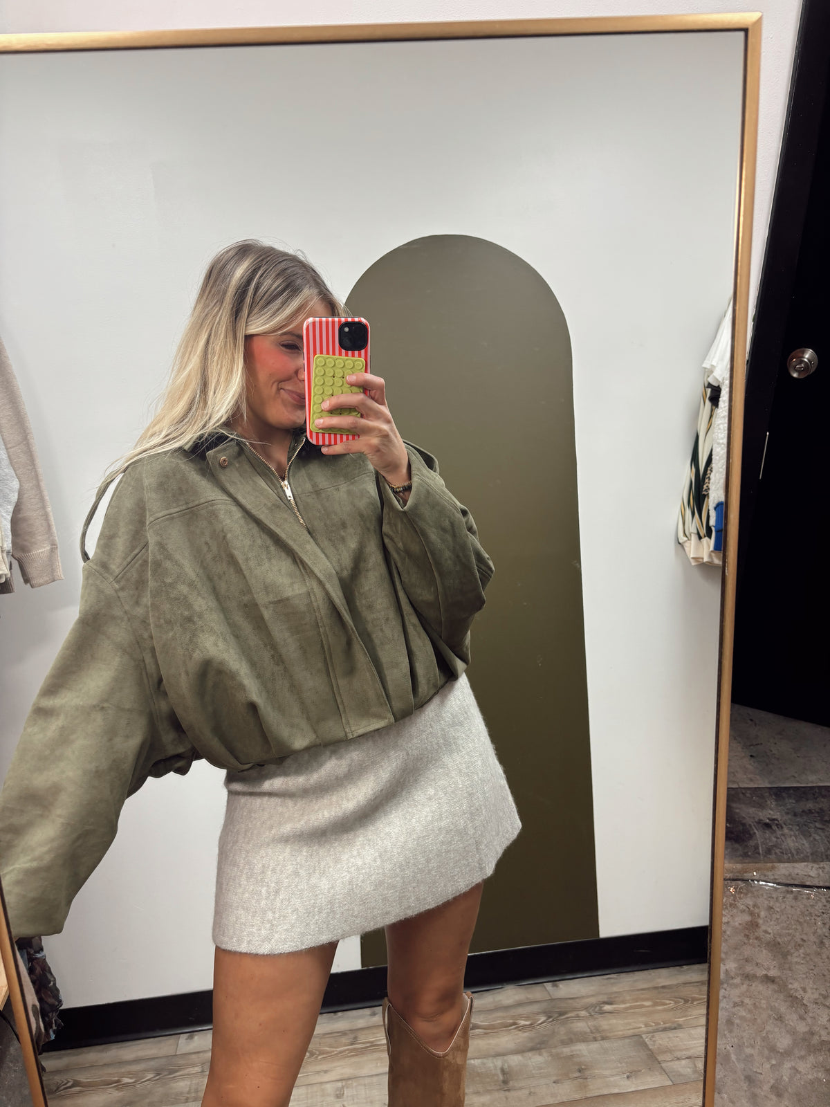 Kira Suede Bomber Jacket (Olive)