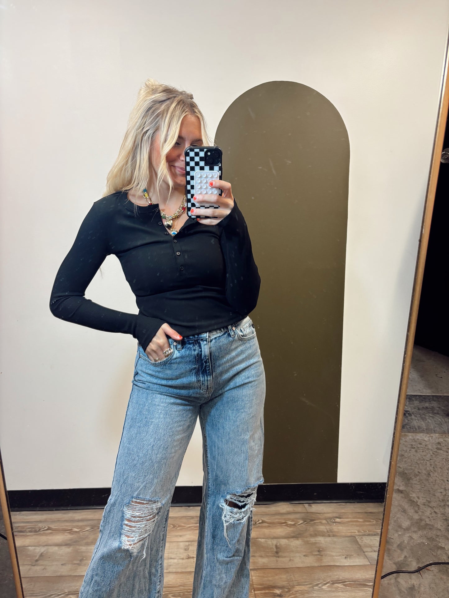 Ribbed Henley Top (Black)
