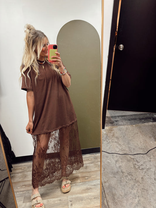 Lace Patchwork Maxi Dress (Brown)