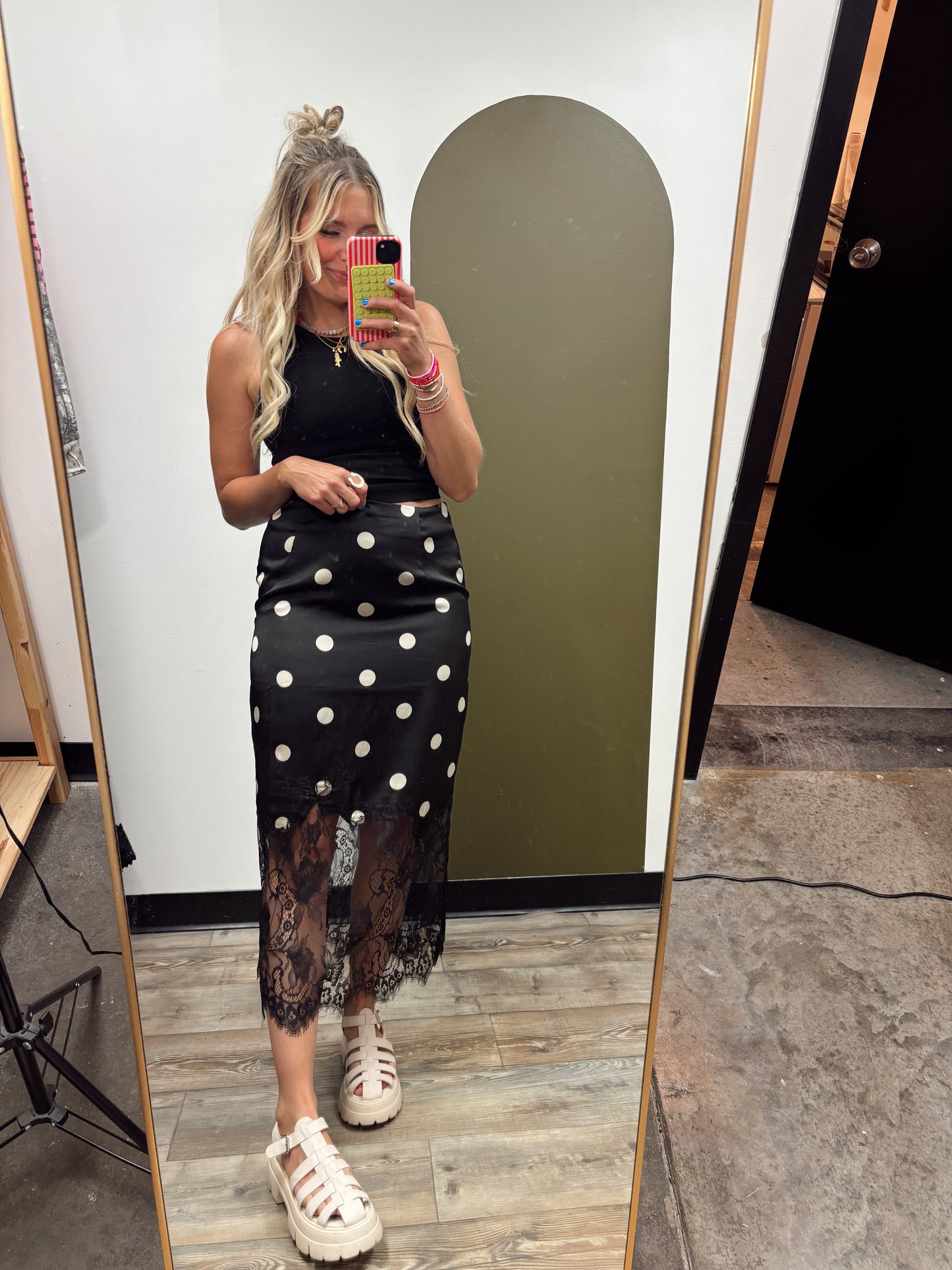 Lace Trim Polka Midi Skirt